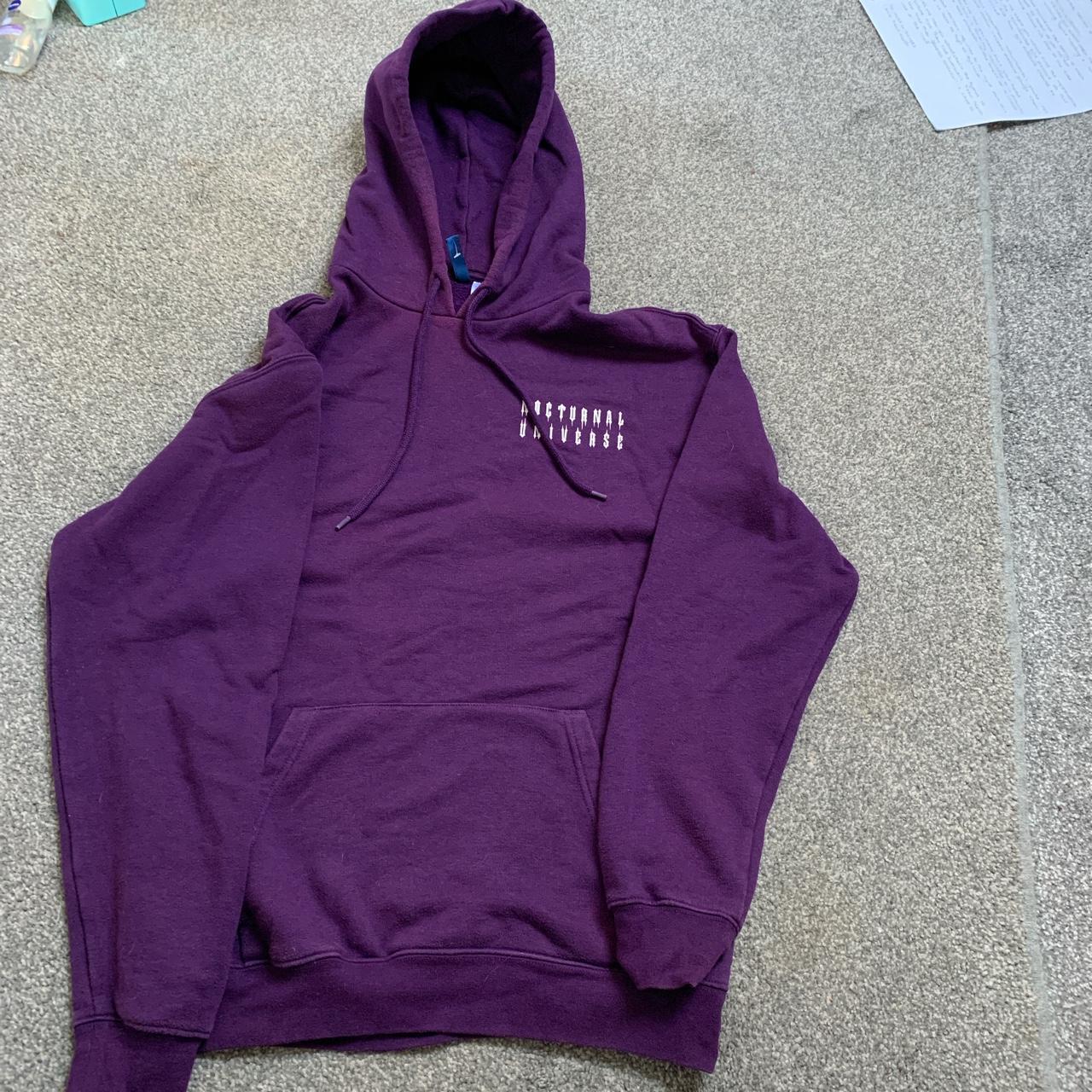 dark purple hoodie with white writing bought from... - Depop