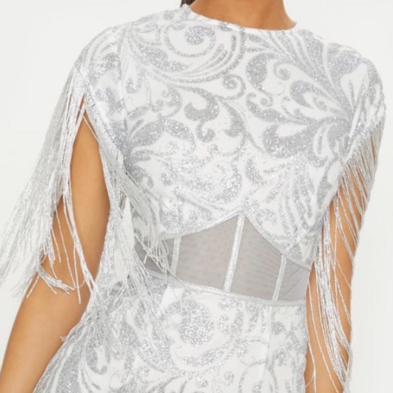 Silver glitter mesh insert tassel sale sleeve bodycon dress