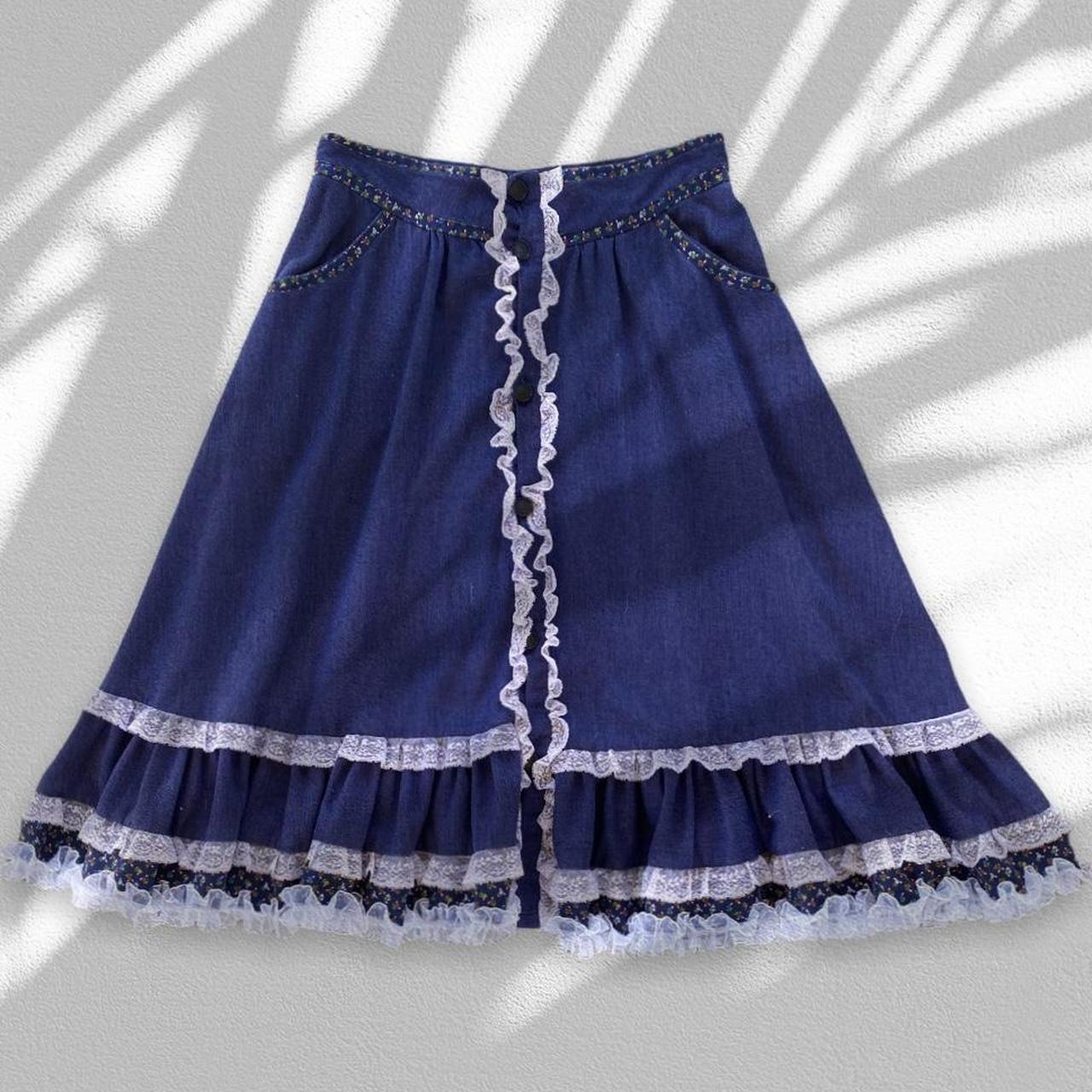 Blue prairie skirt with red, yellow, green, blue and... - Depop