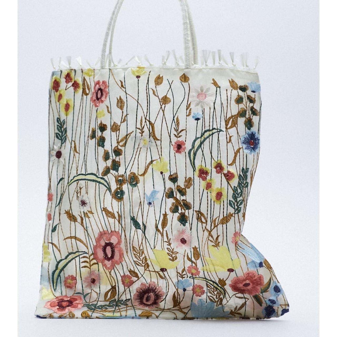 Zara tulle floral embroidery tote bag. Color: multi. | Depop