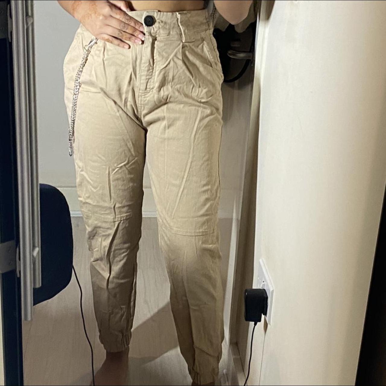 Bershka Cream cargo trousers with attatched silver... - Depop