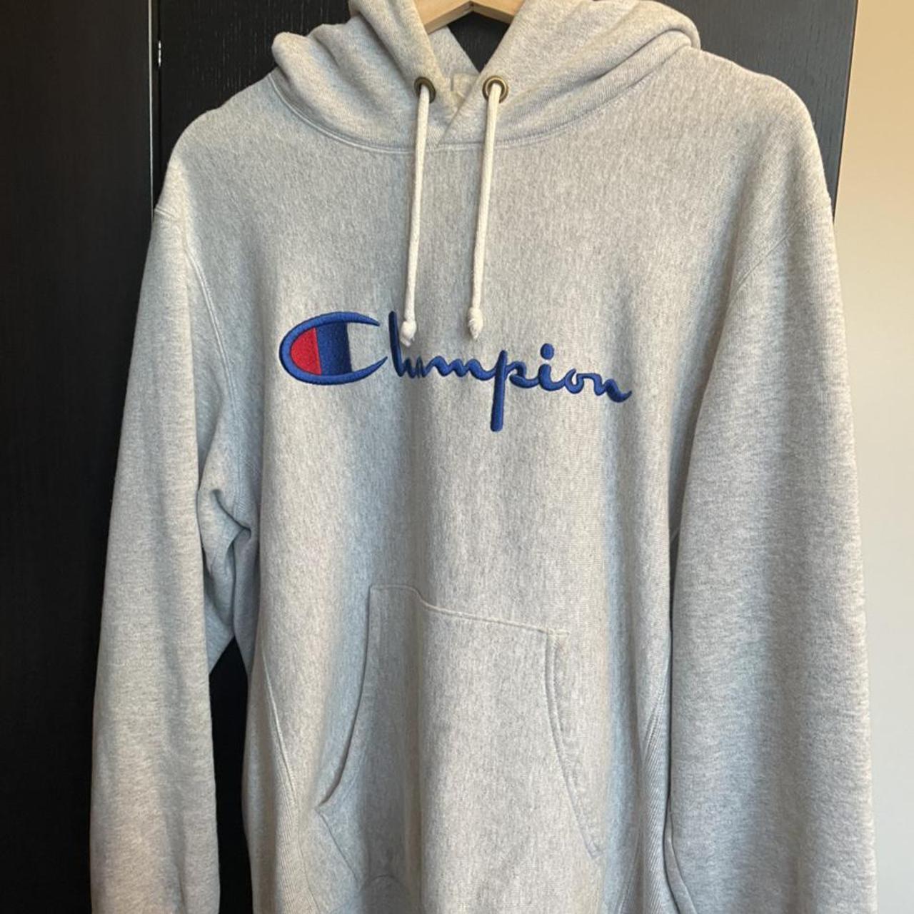 Champion Reverse Weave grey hoodie Size large but... - Depop