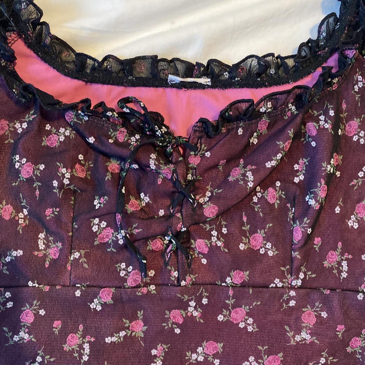 PINK ETAM BLACK MESH OVERLAY MILKMAID TOP IN FLORAL... - Depop