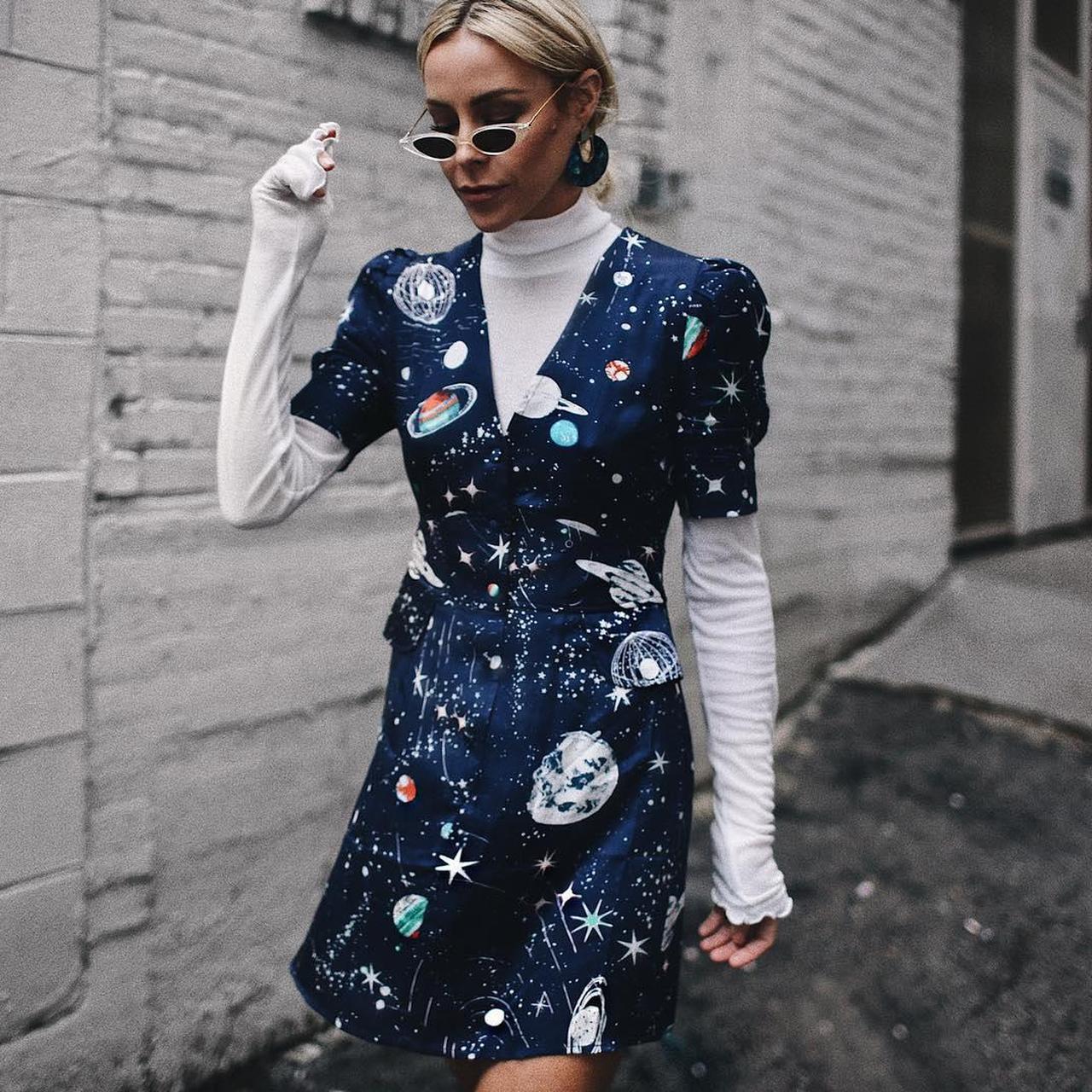 RIXO galaxy star print shirt dress Navy blue with