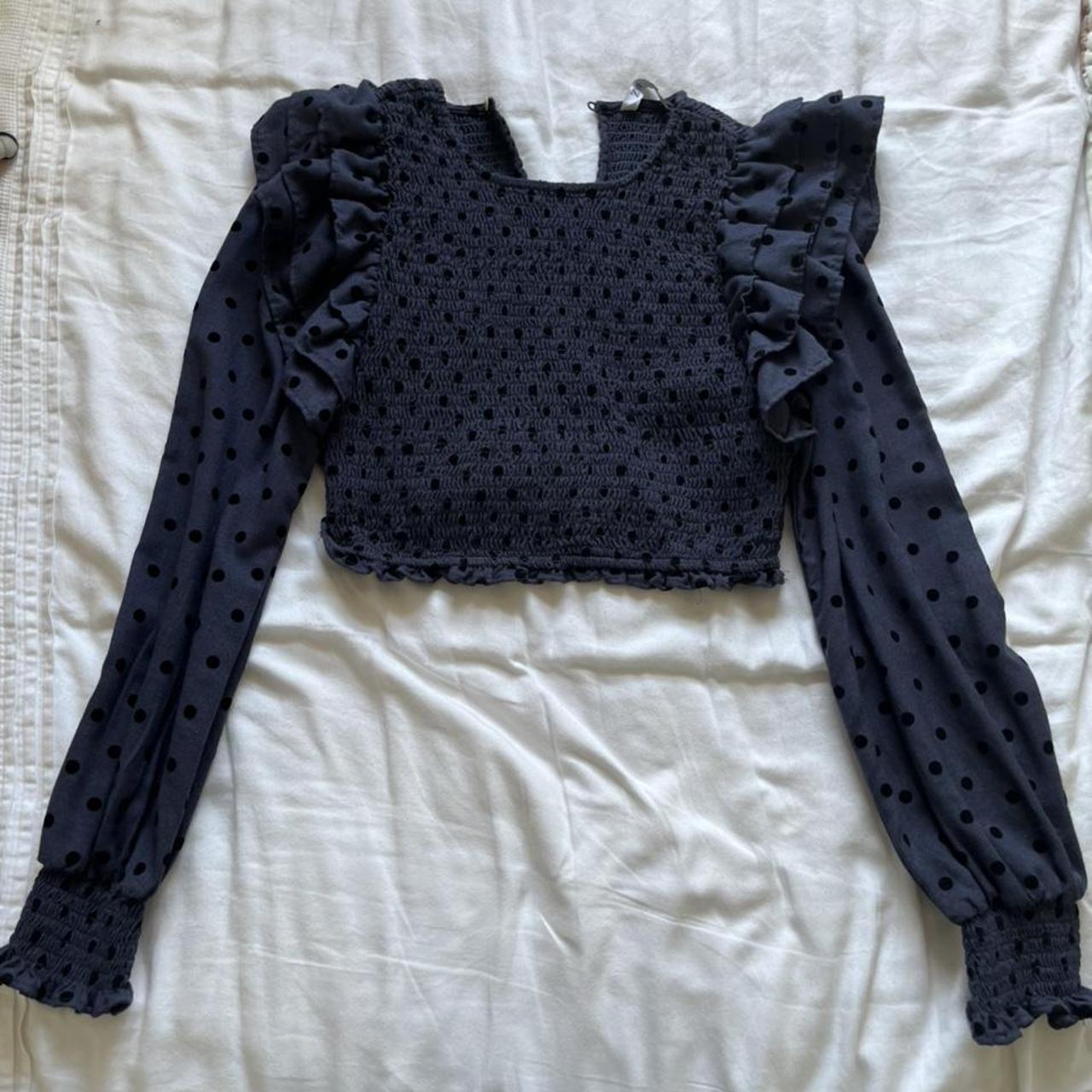 Zara Blue and black polka dot long sleeve crop top... - Depop