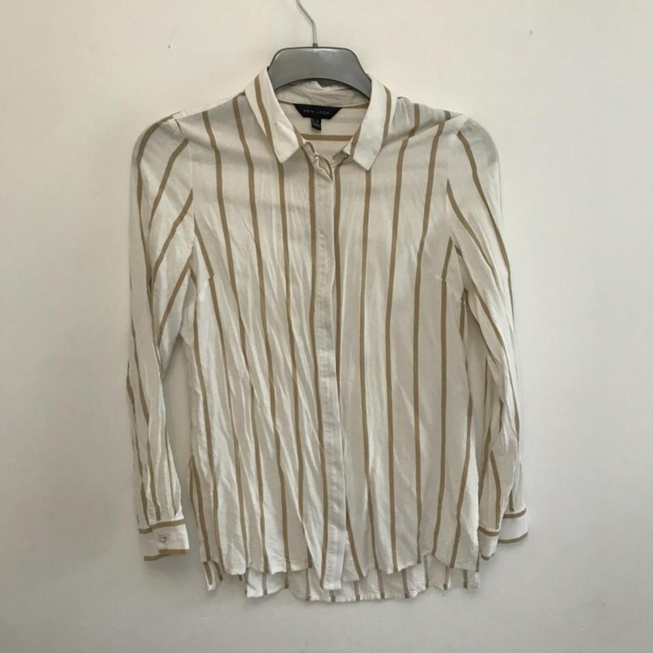 New Look White & Beige Striped Long Sleeve Shirt.... - Depop