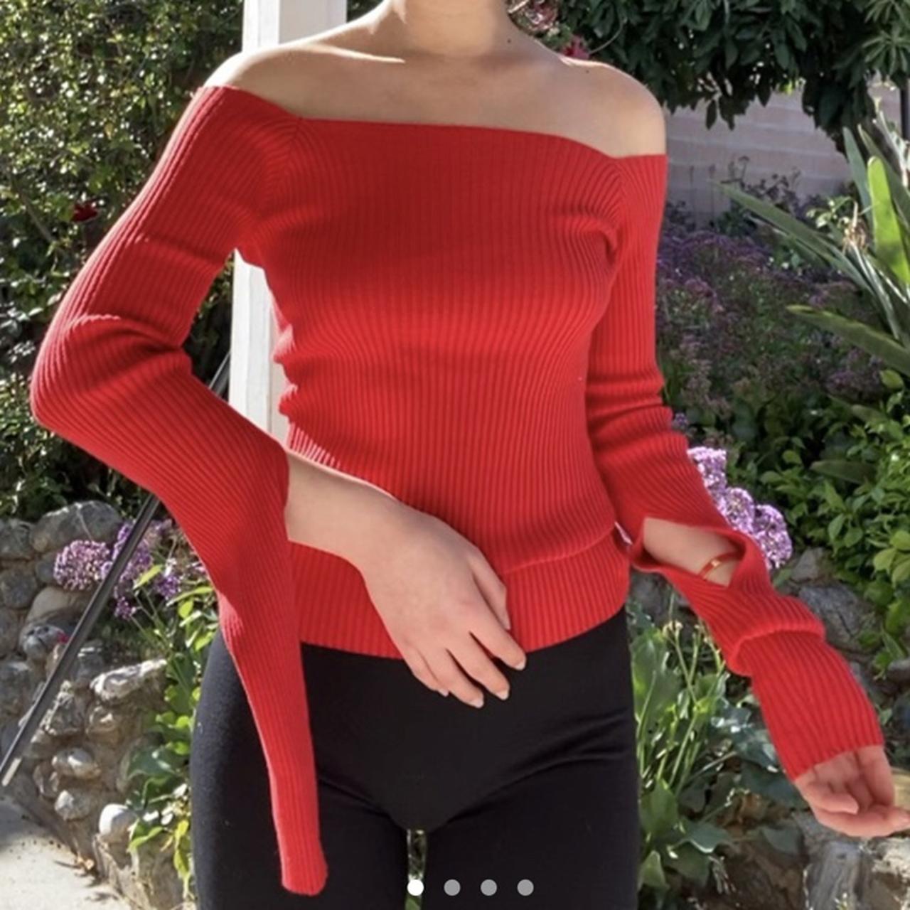 JACQUESMUS Red Off The Shoulder Ribbed Long Sleeve Depop