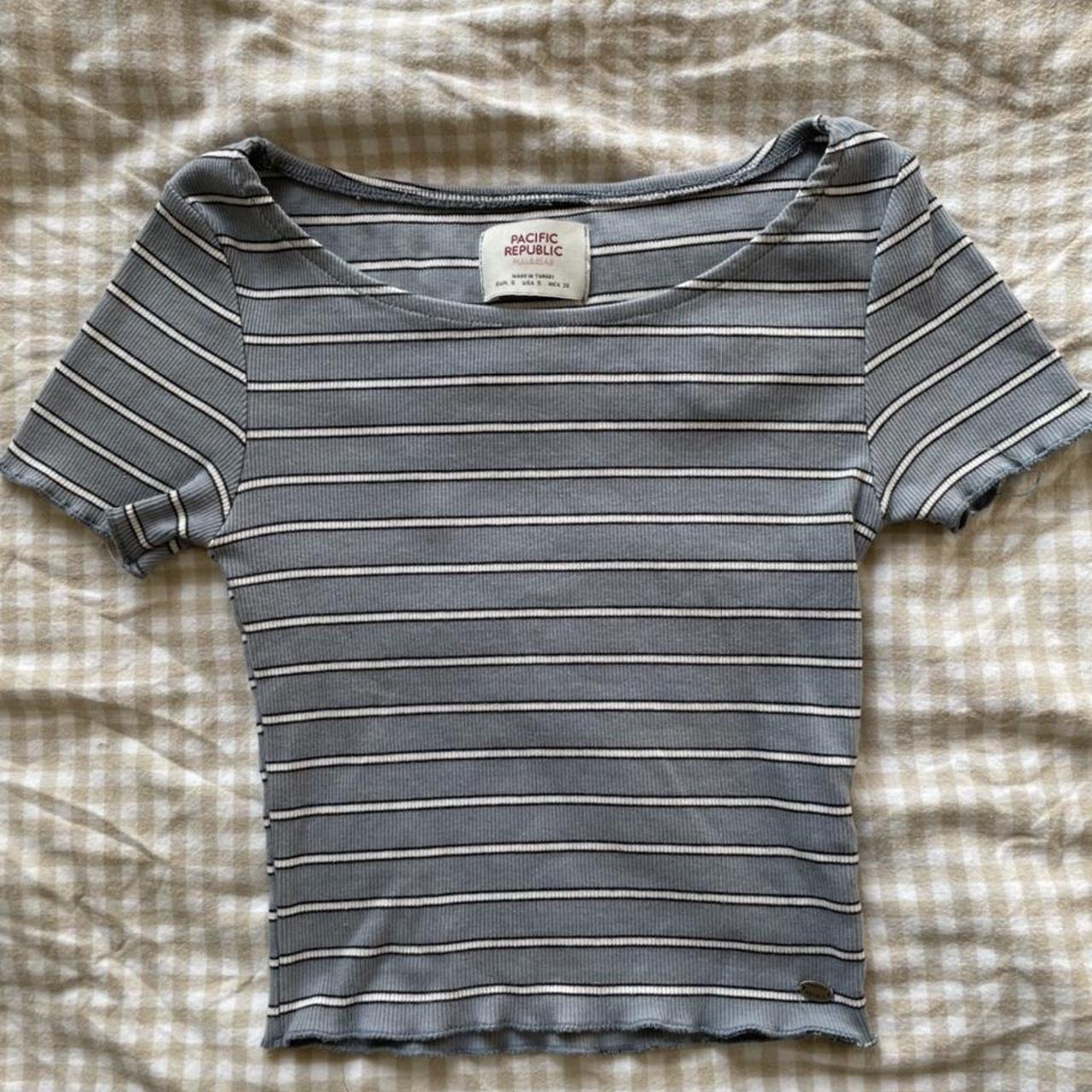 pull & bear blue baby tee with black and white... - Depop