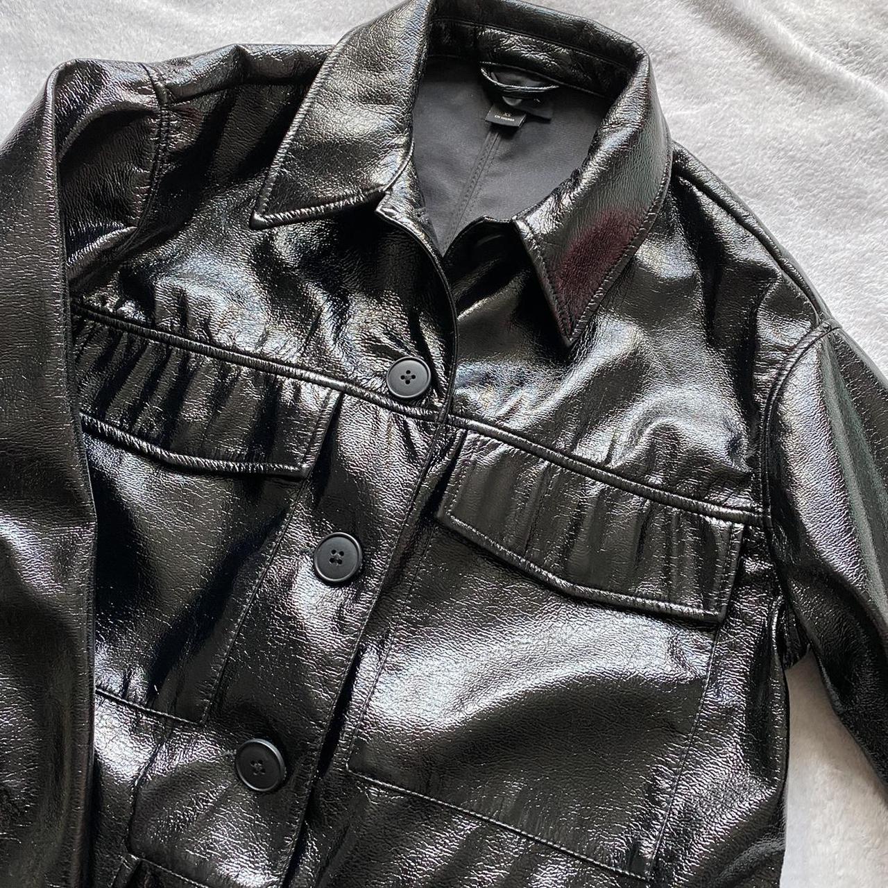 monki boxy vinyl jacket, size XS. longline black... - Depop