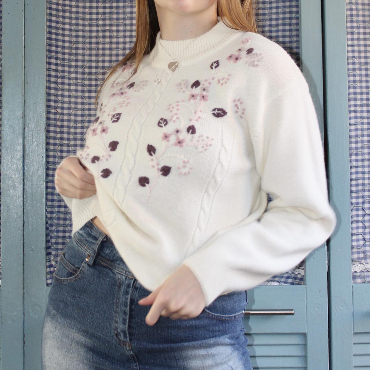 Grandma chic cream mock neck knitted jumper with... Depop