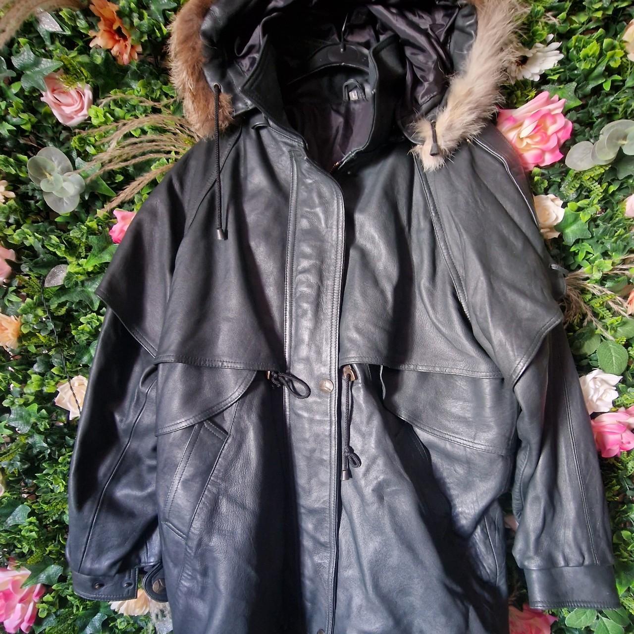 Vintage leather parka coat with fur trim on hood - Depop