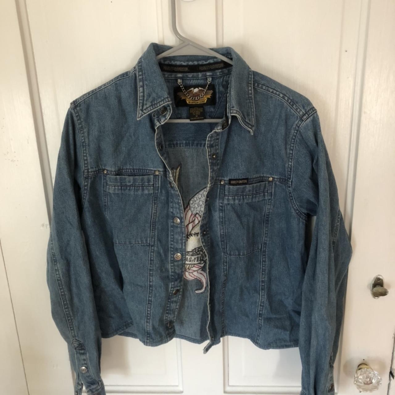 HARLEY DAVIDSON CROPPED JEAN JACKET, Women’s medium... - Depop