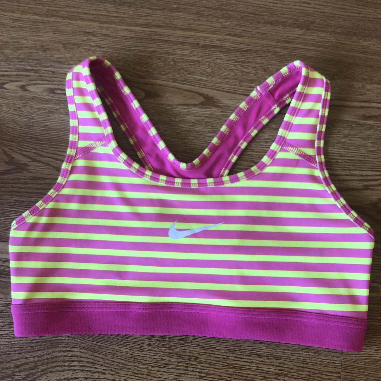 Neon yellow and bright pink striped Nike sports bra - Depop