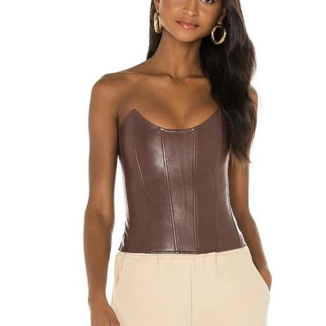 Brown Faux Leather Corset with back tie and front - Depop