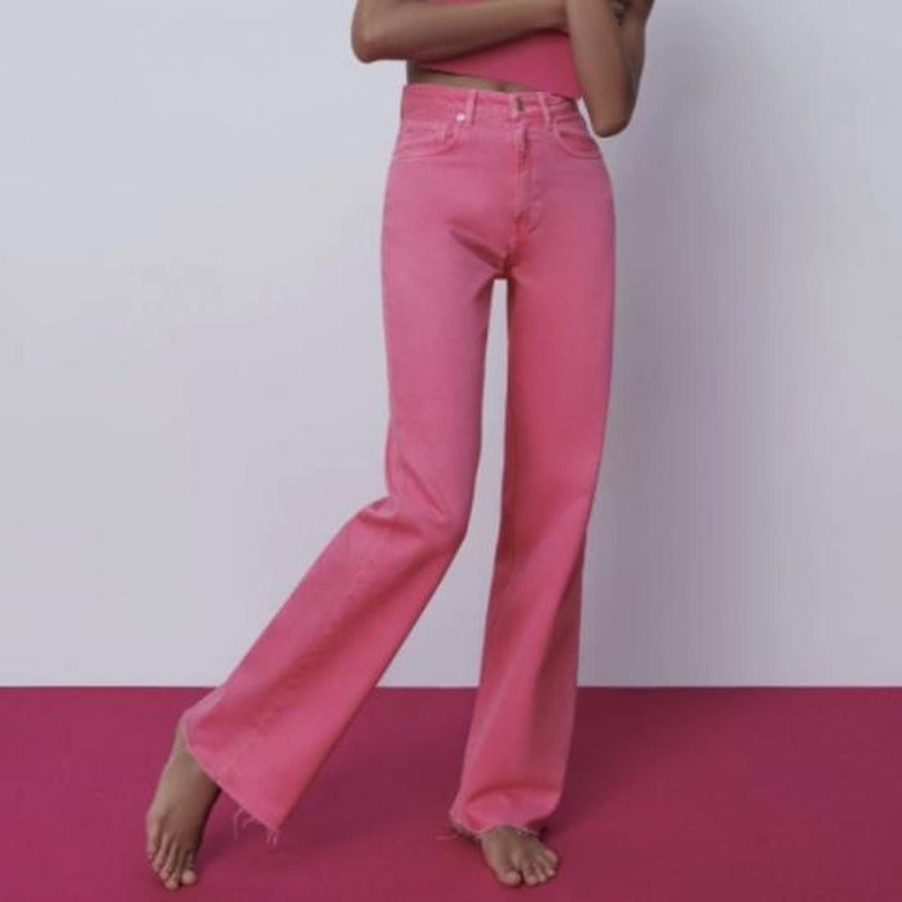 Pink Zara Wide Leg Jeans, good condition but too big... - Depop