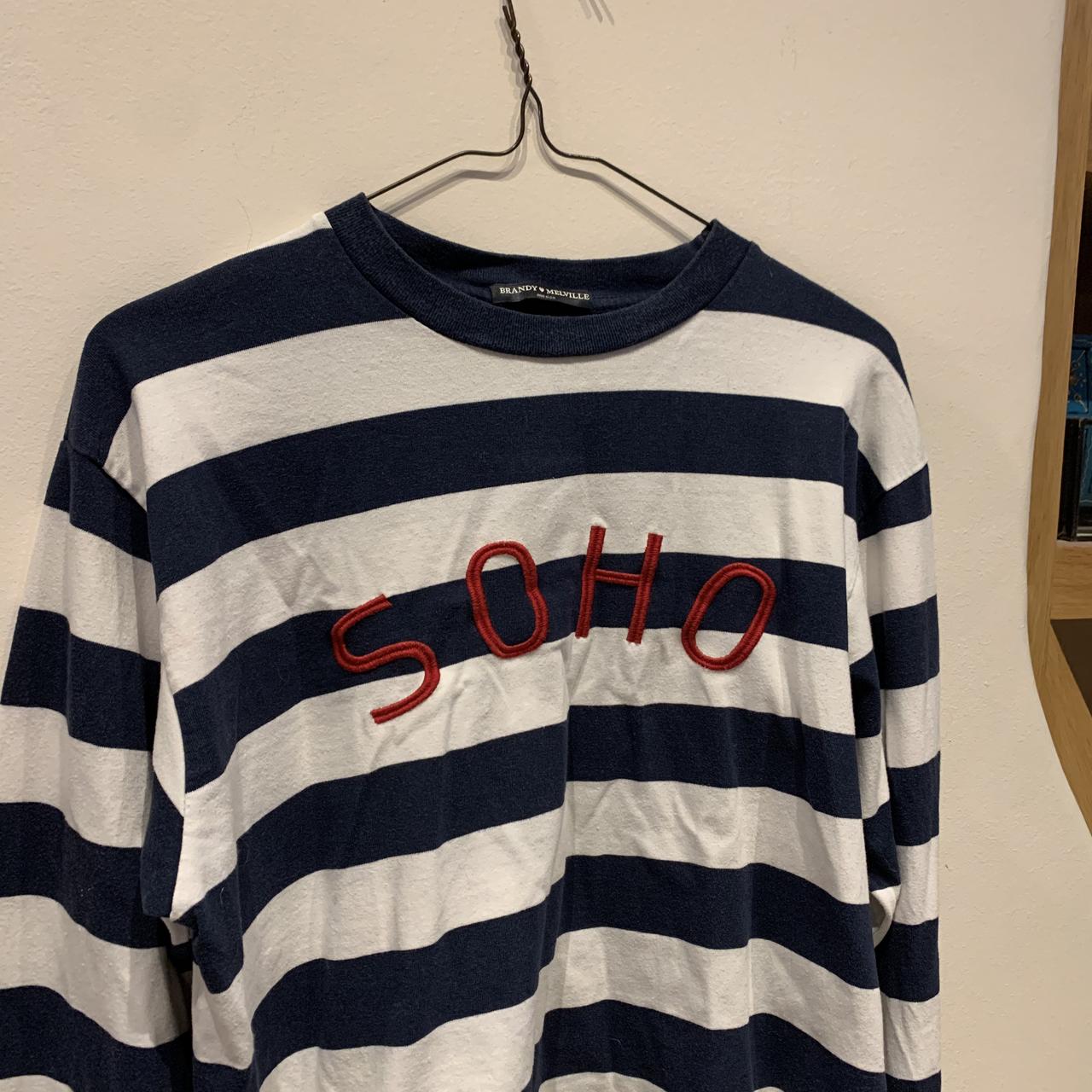 Navy and white striped long sleeve Soho graphic tee - Depop