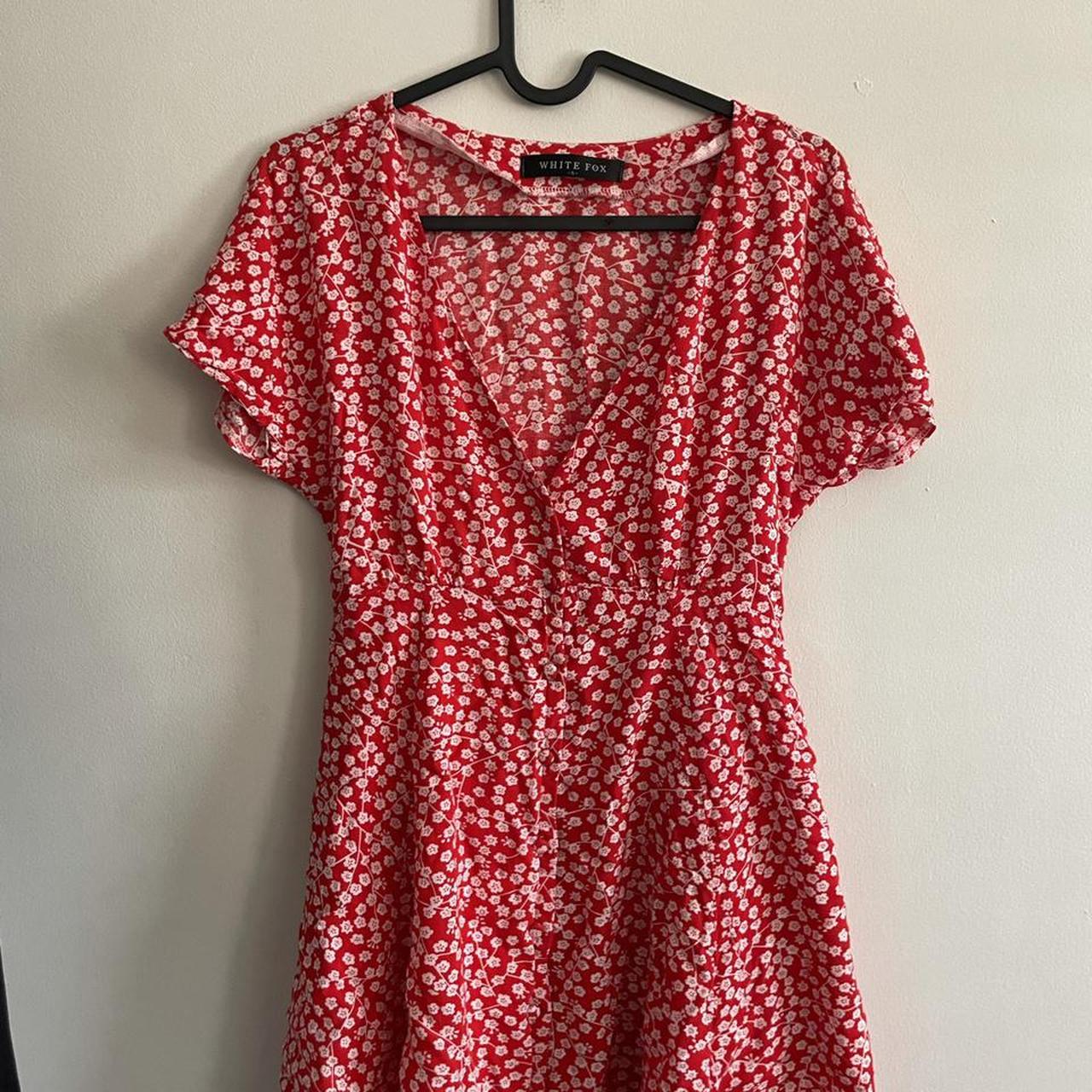 White Fox Red Floral Summer Dress UK8/10 - Depop