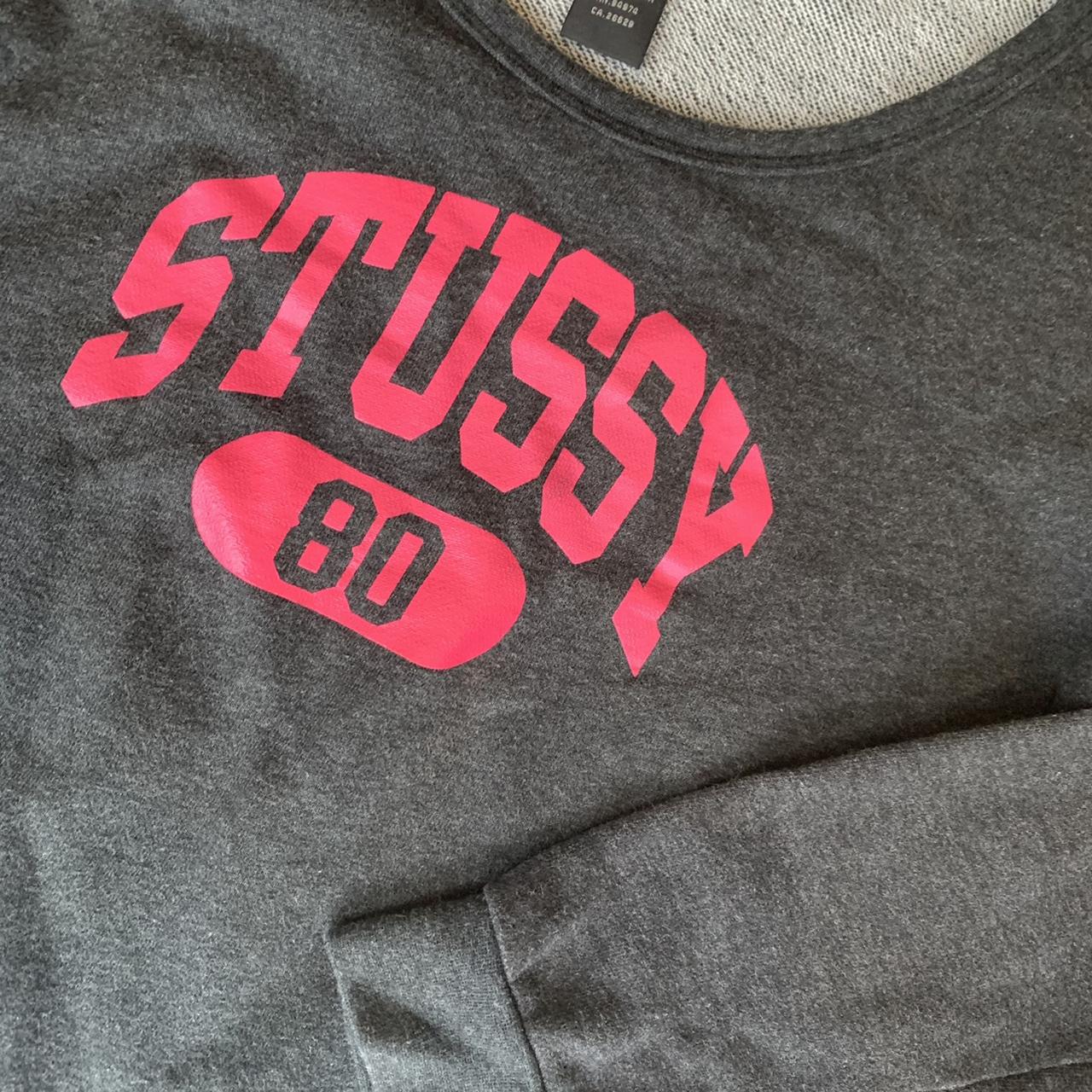 Stussy women’s sweatshirt jumper, in pink and grey,... - Depop