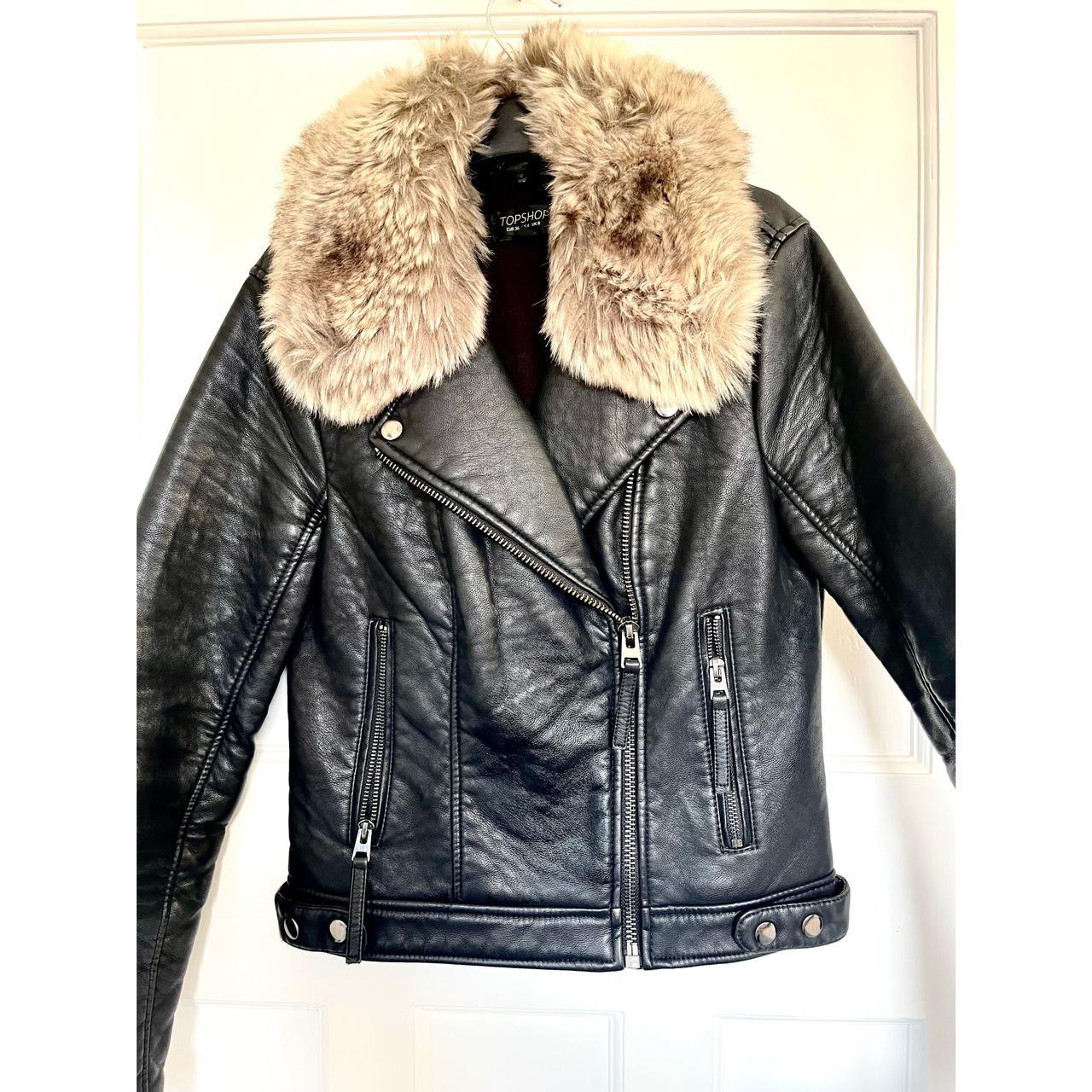 Black Fur Leather Jacket Great condition, worn a... - Depop