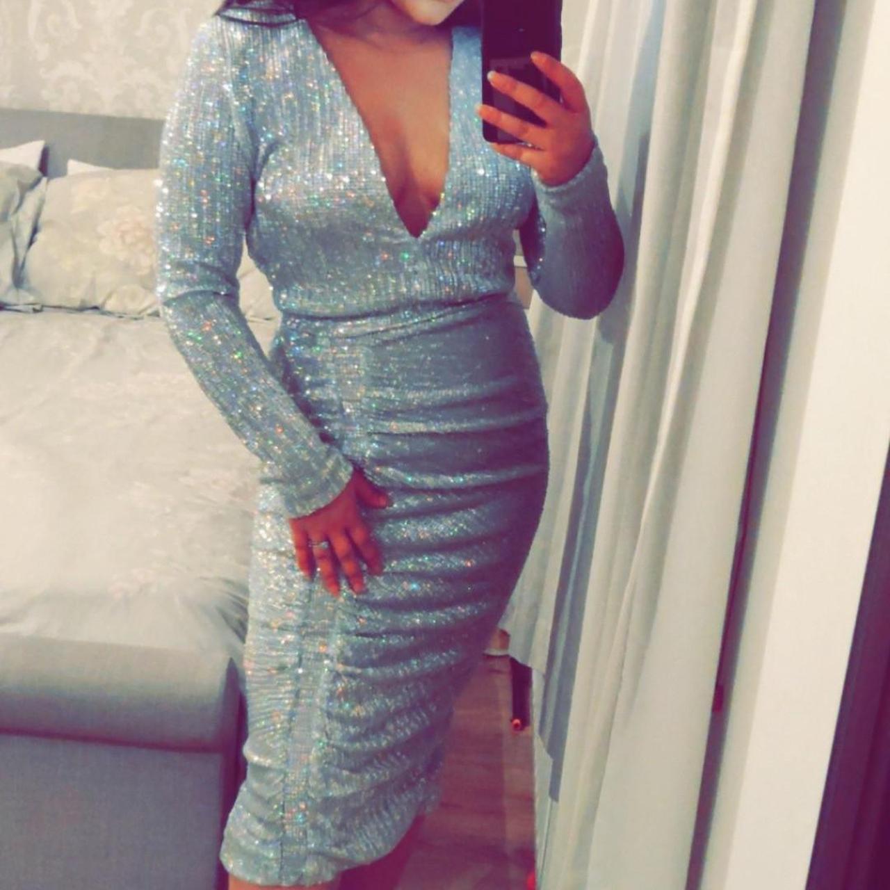 lavish alice silver iridescent sequin midi dress