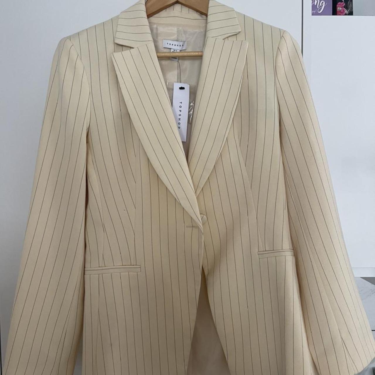 Topshop cream yellow pinstripe suit size 12 in... - Depop