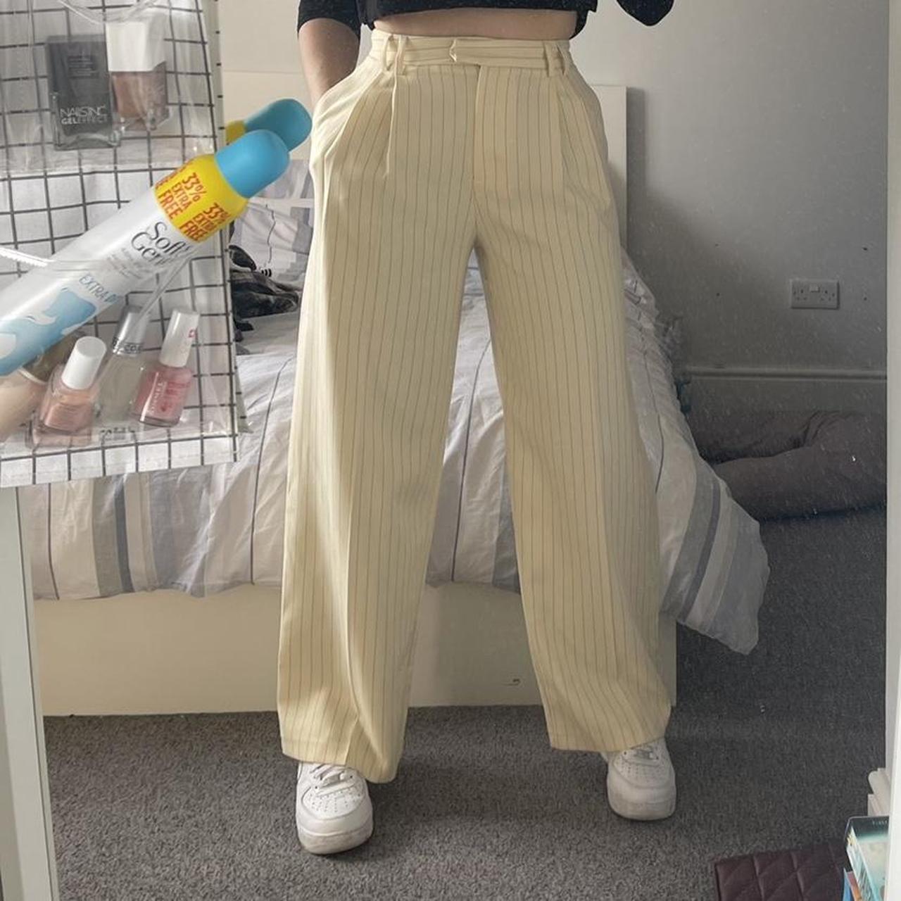 cream yellow pinstripe suit size 12 in... Depop