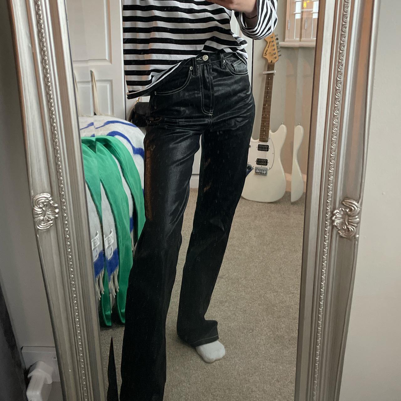 LEATHER JEANS Coated black jeans from topshop with... - Depop