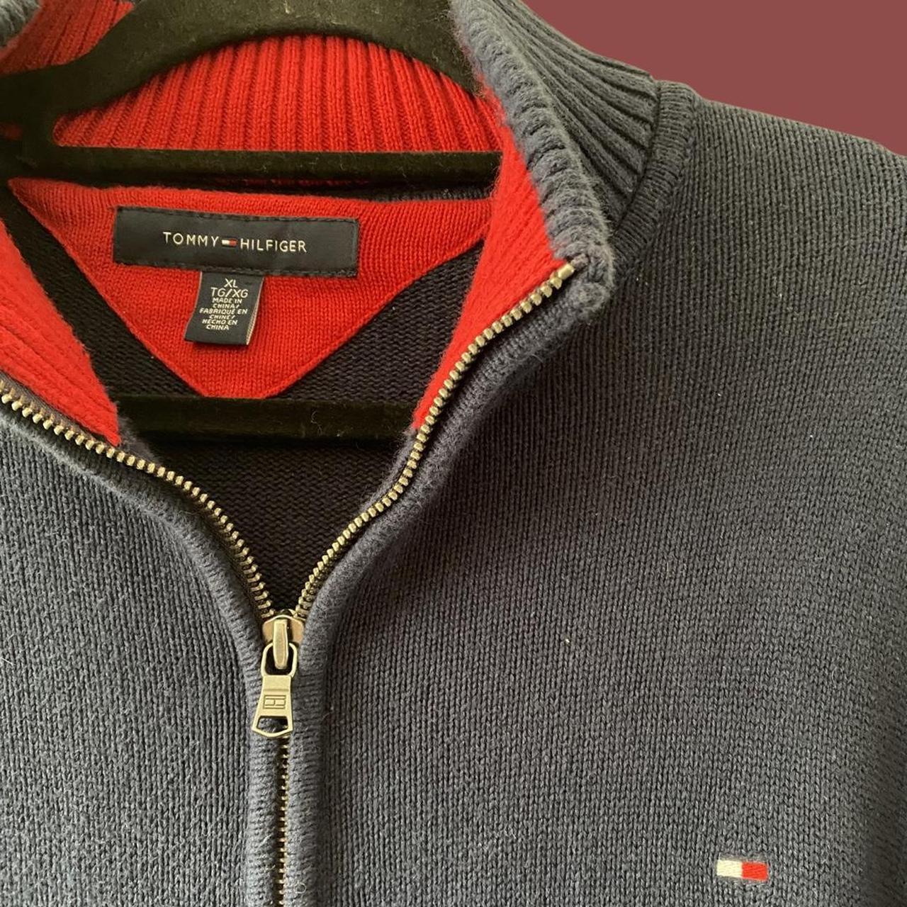 Tommy Hilfiger Men's Red and Navy Jumper | Depop