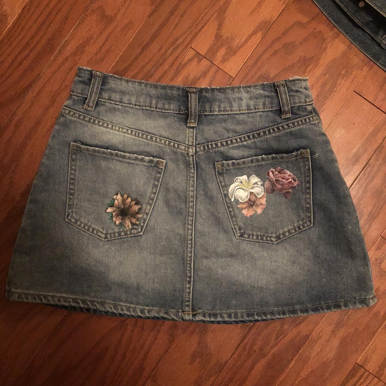 Handpainted denim flower skirt. Made with ️. Size 4.... - Depop