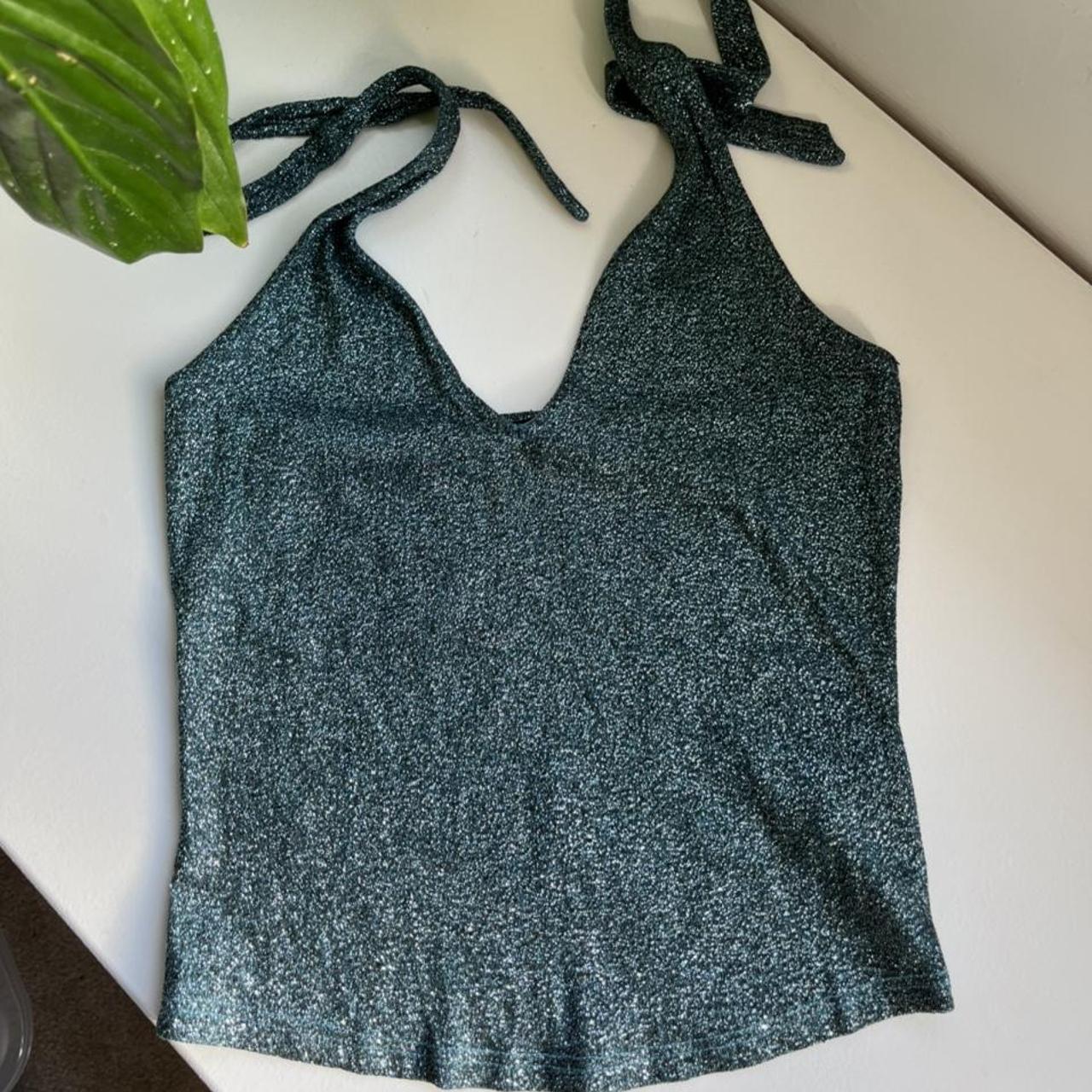 green/blue sparkly halter neck top in a size 6,... - Depop