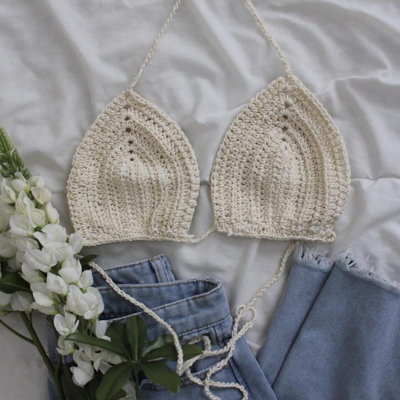 Beige bikini hand crochet bikini top best fits 34 B... - Depop