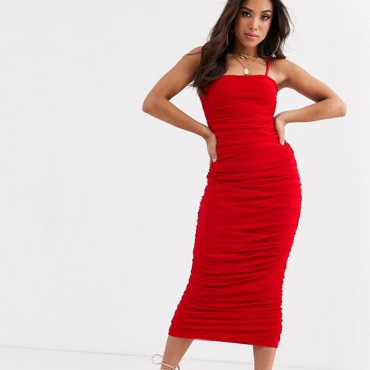 ASOS DESIGN Cami Ruched Mesh Midi Dress In Red ASOS, 48% OFF