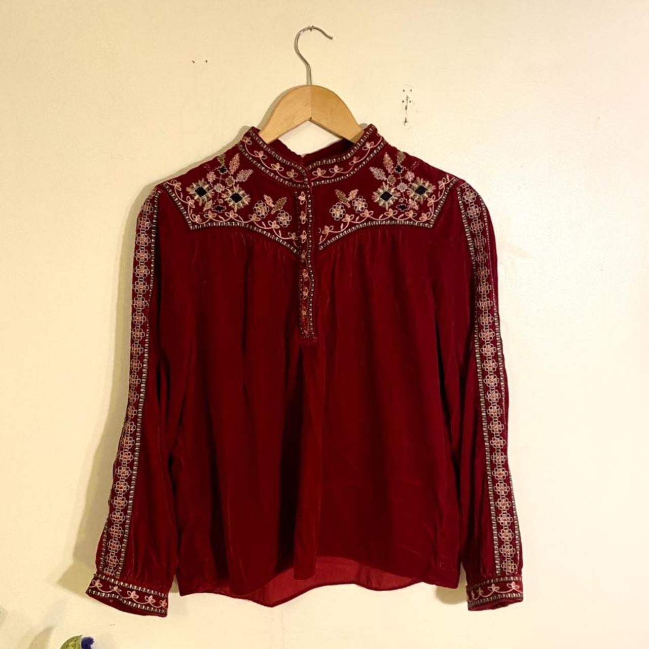 Zara red velvet blouse with embroidered details.... - Depop