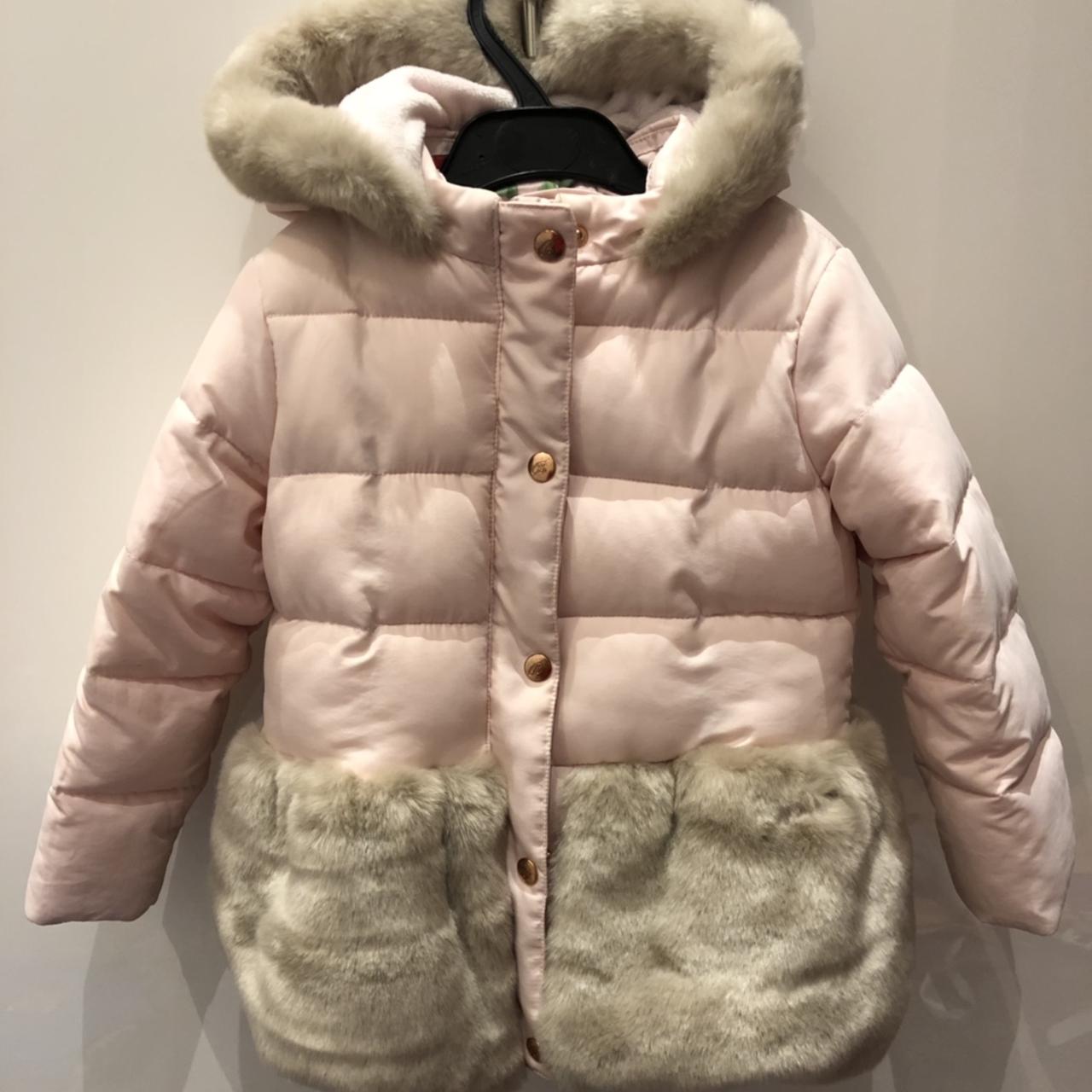 Girls TED BAKER pink quilted coat with faux fur trim. Depop