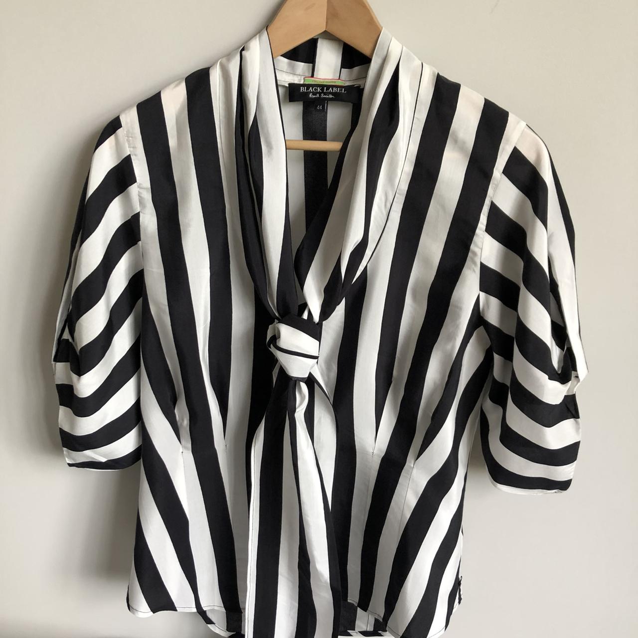 Black & white striped fitted blouse with neck tie.... - Depop