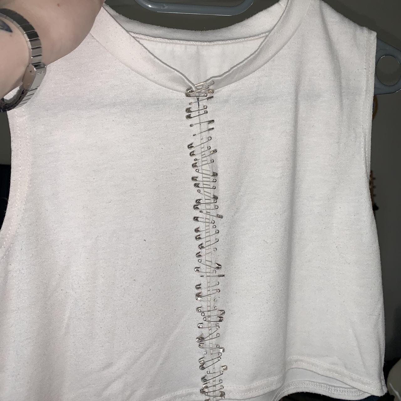 white cropped sleeveless tee with safety pin detail... - Depop