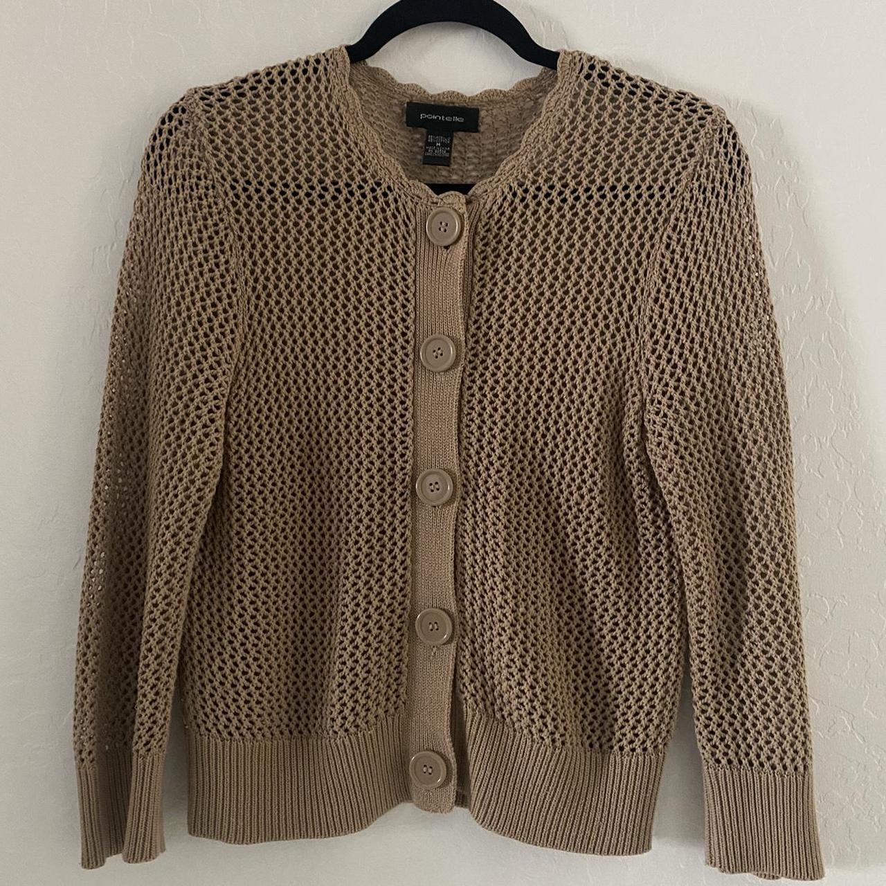 vintage chunky knit pointelle tan brown cardigan... - Depop
