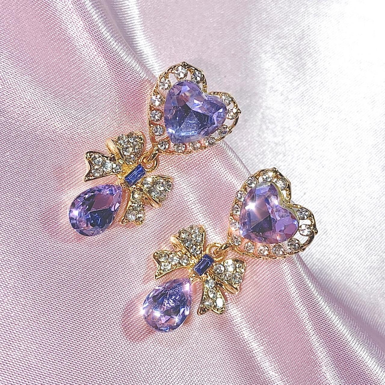 Royal purple heart jewel rhinestone drop earrings... - Depop