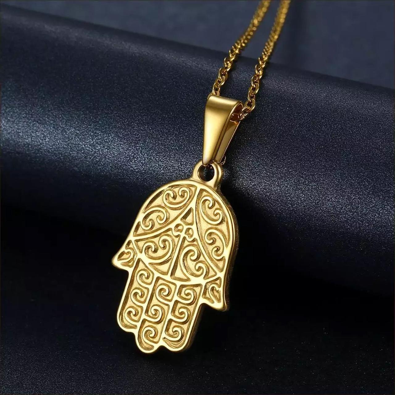 Hamsa Hand Necklace Pendant 18kt Gold Plated With... - Depop