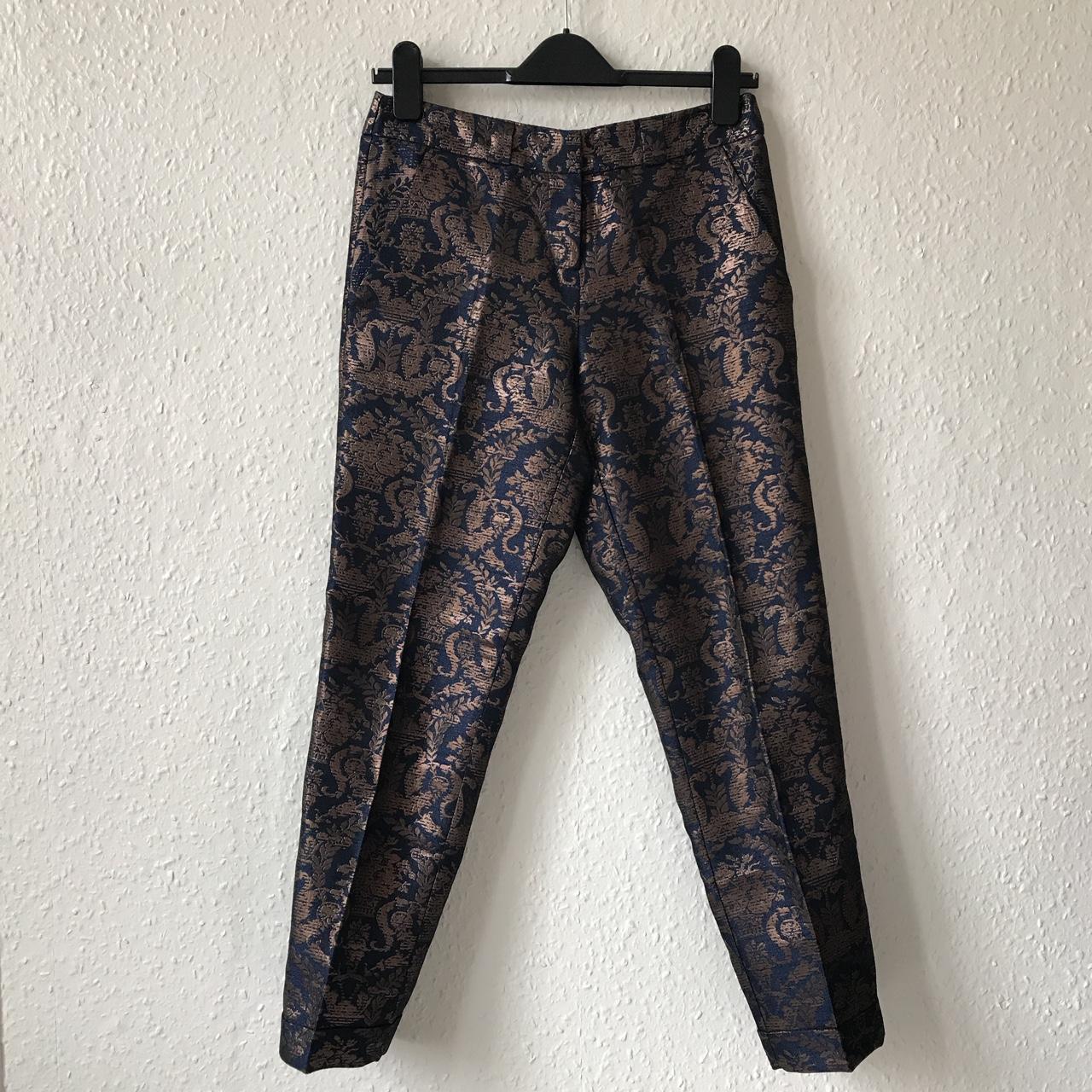 Navy and copper jacquard tailored trousers from... - Depop
