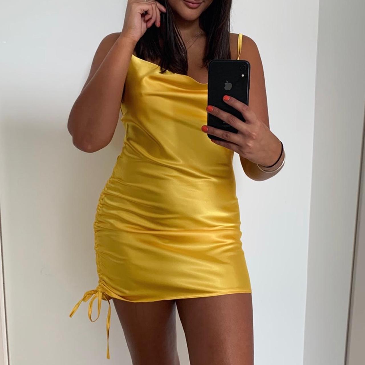 Yellow satin slip dress with a ruched strong side to... - Depop