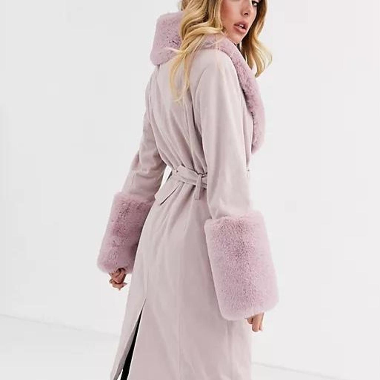 Missguided Suedette Belted Coat With Faux Fur Trims Depop