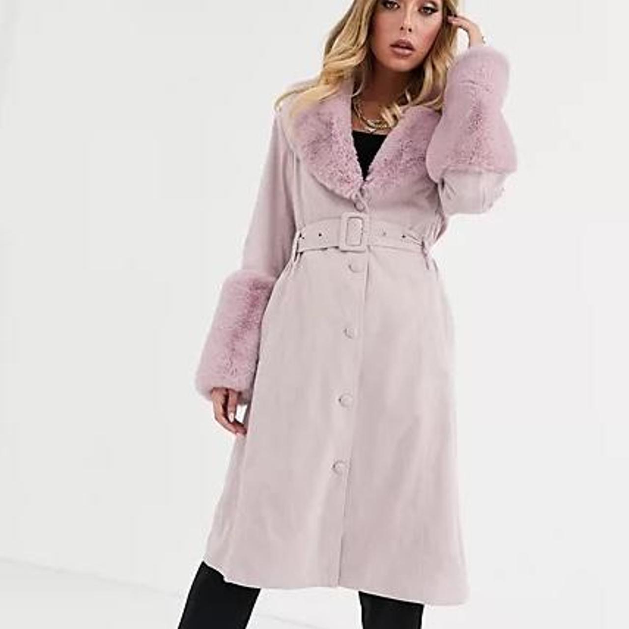 Missguided Suedette Belted Coat With Faux Fur Trims Depop