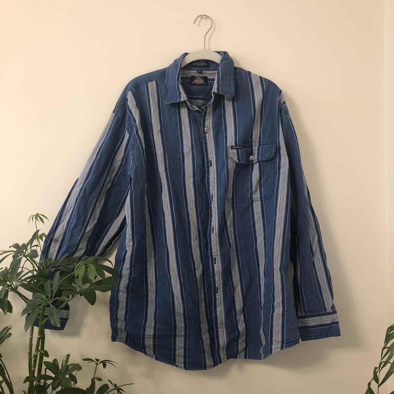 Blue and white striped dickies button up long sleeve... - Depop