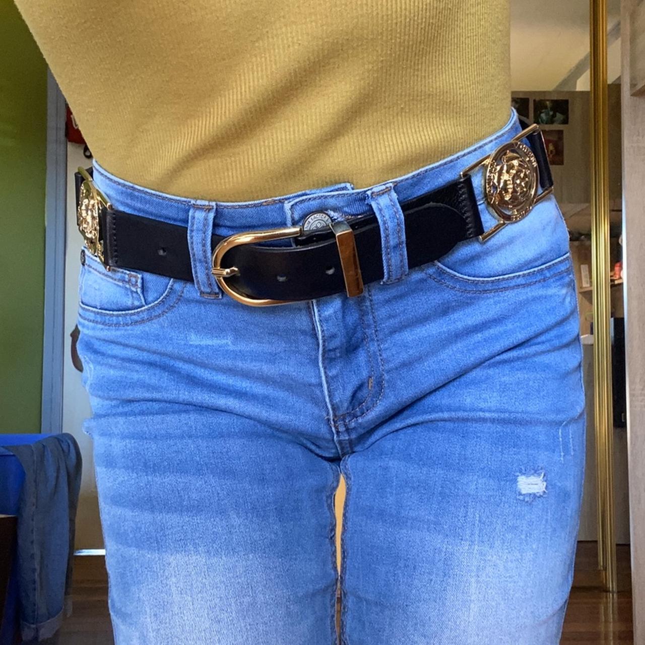 black leather guess belt with gold buckle detailing... - Depop