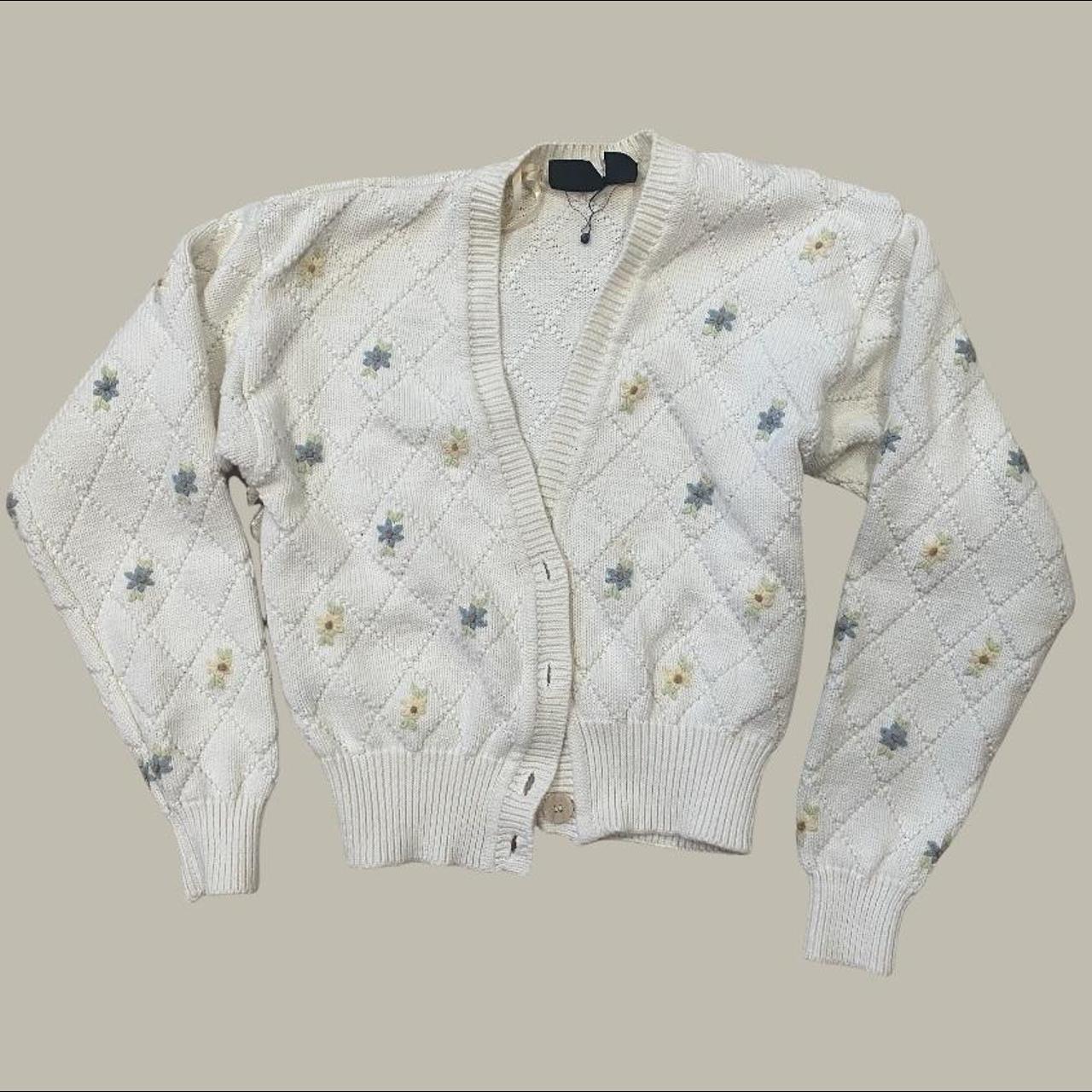 Floral Cardigan Knitted floral cardigan with... - Depop