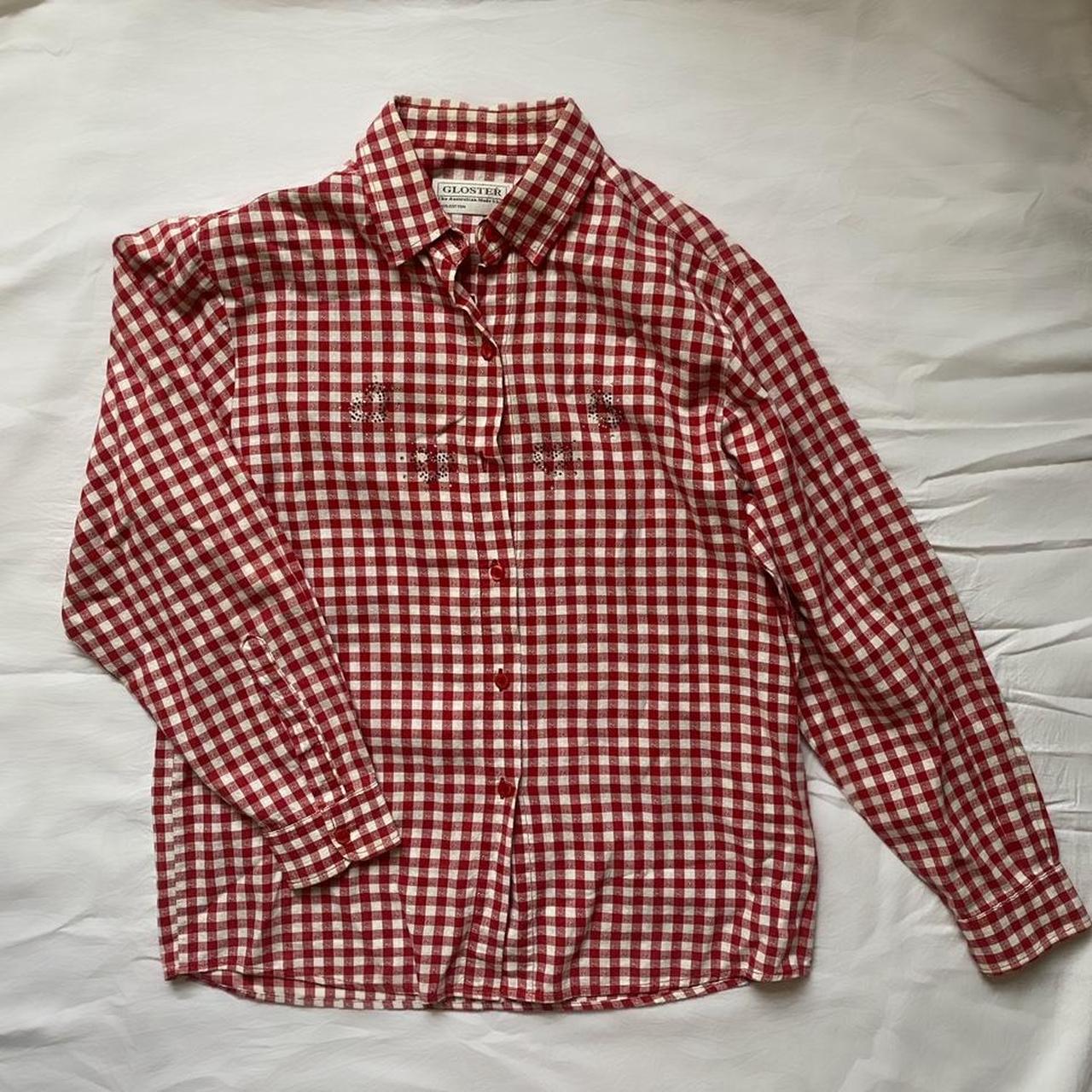 sweet red plaid button up - cute rhinestone heart... - Depop