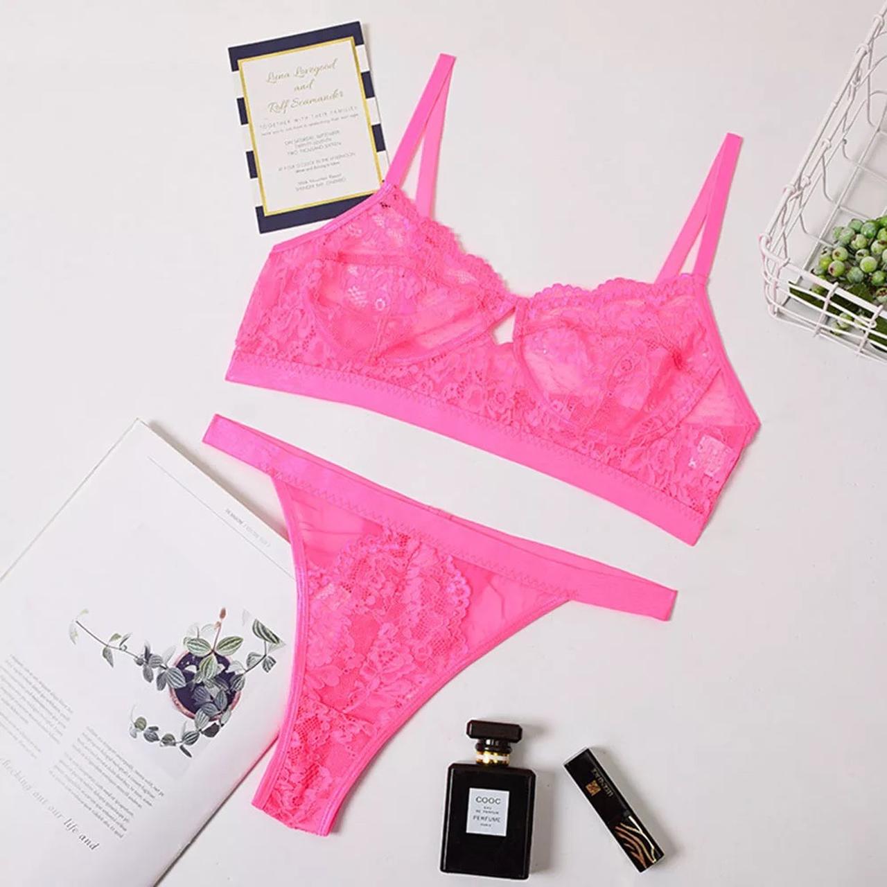Pink lace bra & thong lingerie set in size... - Depop