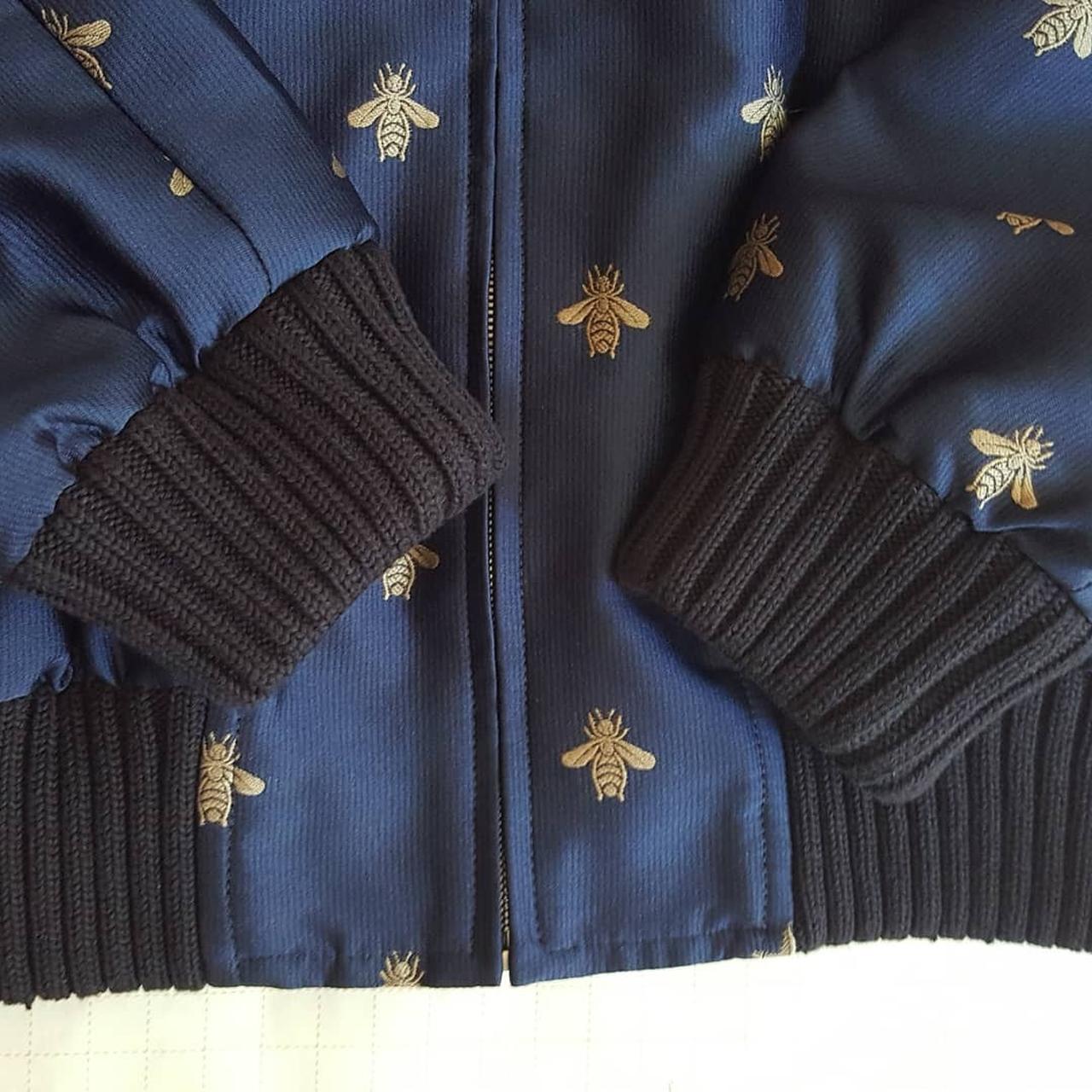 Gucci Navy Blue Bee Embroidered Wool Bomber Jacket