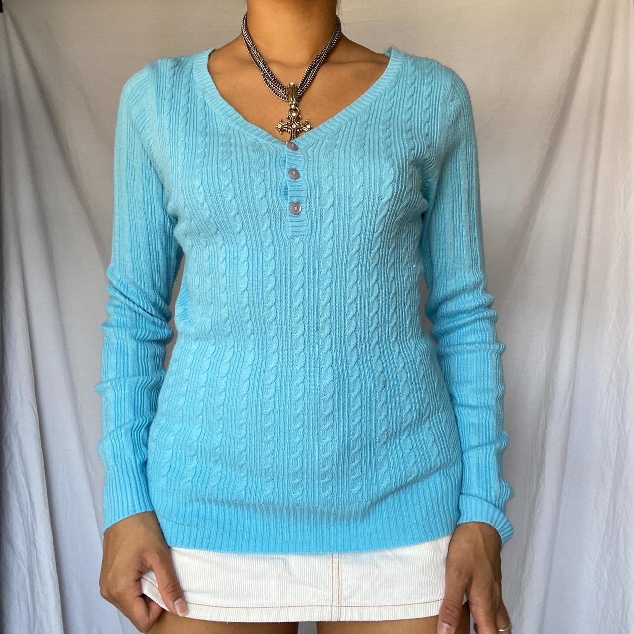 Y2K Knit Sweater - 2000s blue cable knit sweater -... - Depop